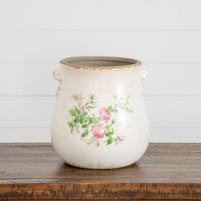 Planter 10-inch Nearly Natural Floral Tuscan Ceramic Scroll with glaze and pink flowers on Tampa Home & Garden Store