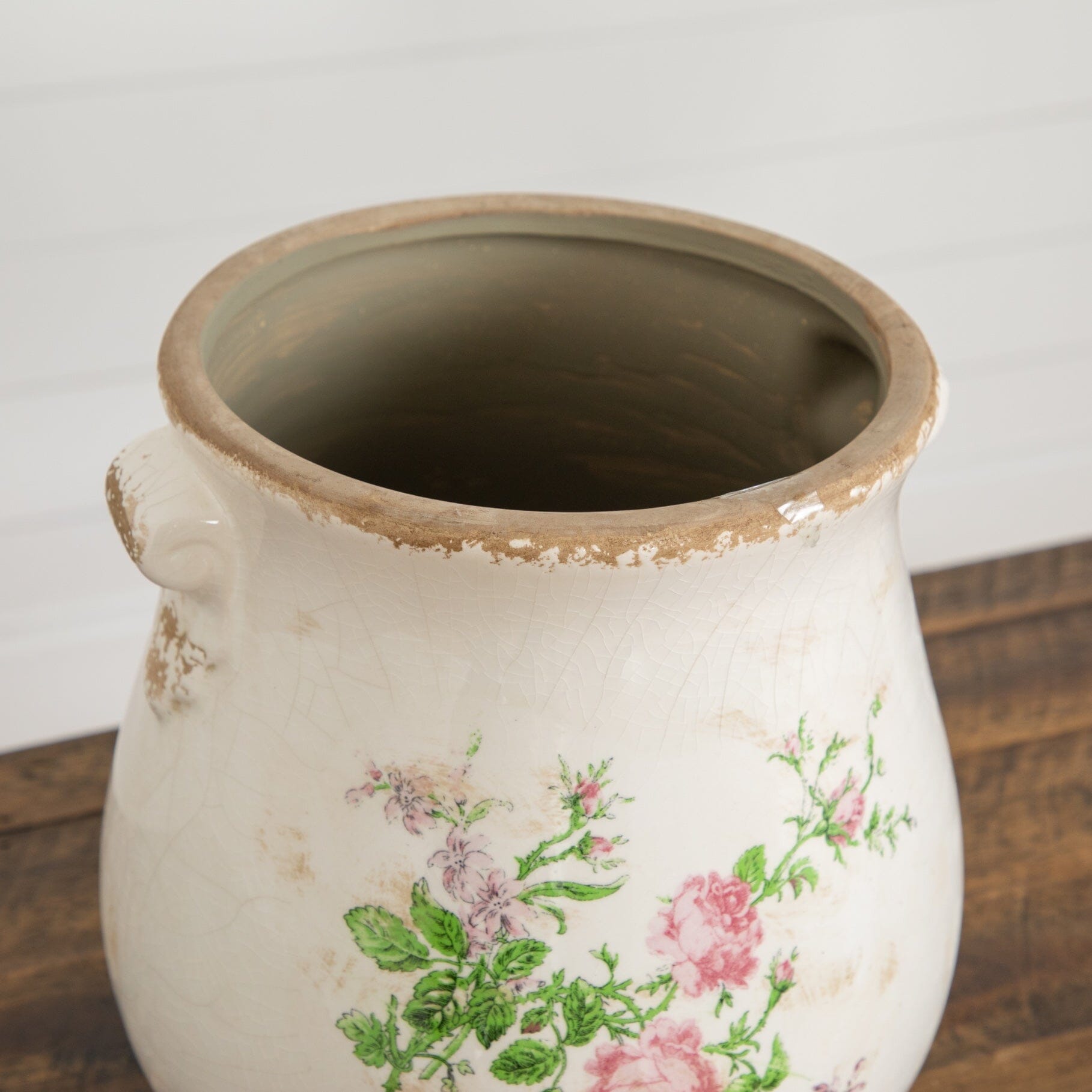 Planter 10-inch Floral Print Tuscan scroll planter with pink flowers and green leaves on Tampa Home & Garden Store