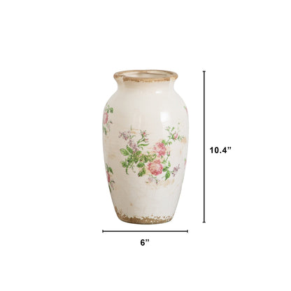 Vase 10-inch Floral Print Tuscan Ceramic Scroll Urn by Nearly Natural with distressed rim on Tampa Home & Garden Store