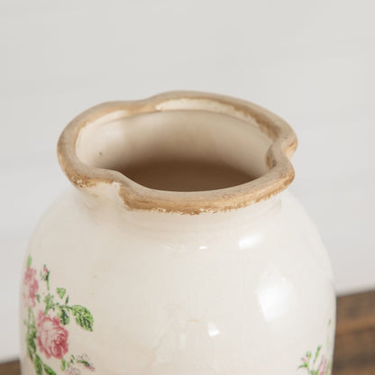 Vase 10 inch Floral Print Tuscan Ceramic Scroll Urn Nearly Natural with roses cream glaze on Tampa Home & Garden Store