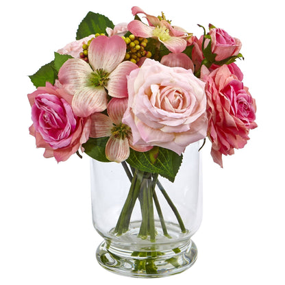 10in Rose and Berry Arrangement by Nearly Natural in a clear glass vase on Tampa Home & Garden Store