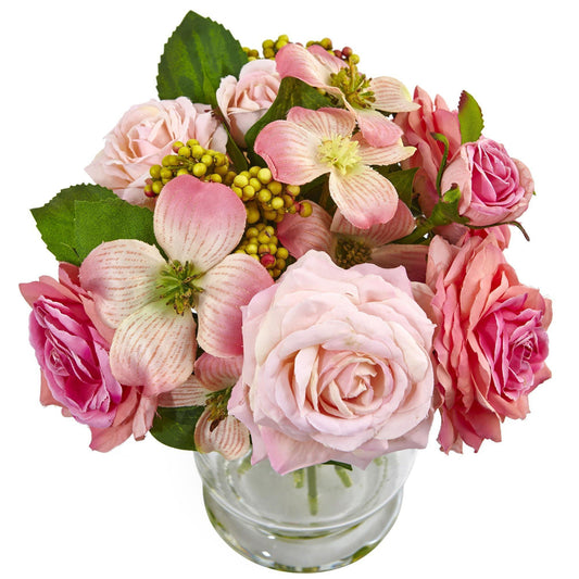 10in Rose and Berry Arrangement Nearly Natural pink roses with yellow berries in a vase on Tampa Home & Garden Store