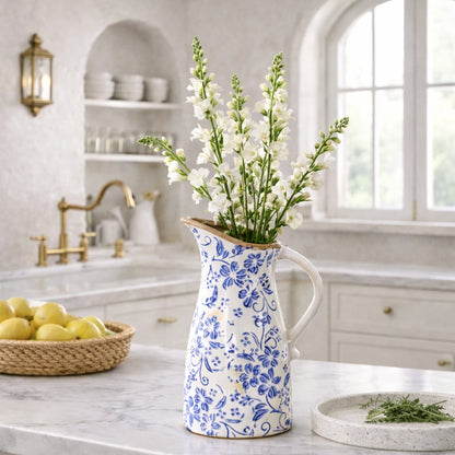 10.5-inch Tuscan blue scroll pitcher ceramic vase by Nearly Natural with white blossoms on Tampa Home & Garden Store