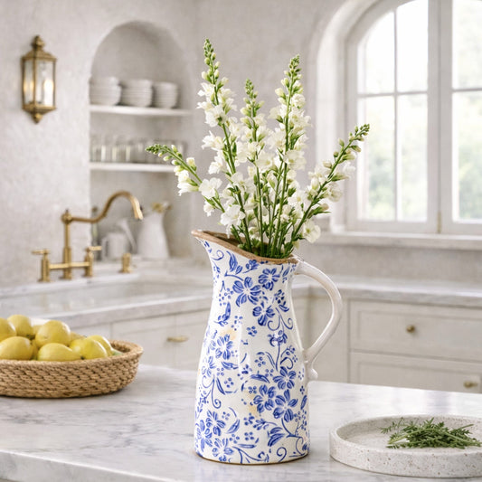 10.5-inch Tuscan blue scroll pitcher ceramic vase by Nearly Natural with white blossoms on Tampa Home & Garden Store