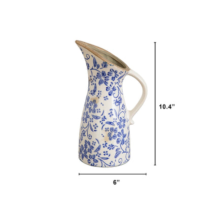 Pitcher vase Nearly Natural 10.5in Floral Tuscan ceramic blue scroll pattern on Tampa Home & Garden Store