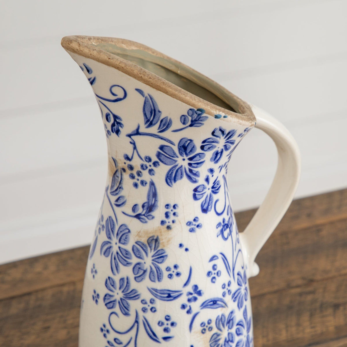 Vase: 10.5in Floral Tuscan ceramic blue-scroll pitcher by Nearly Natural on Tampa Home & Garden Store