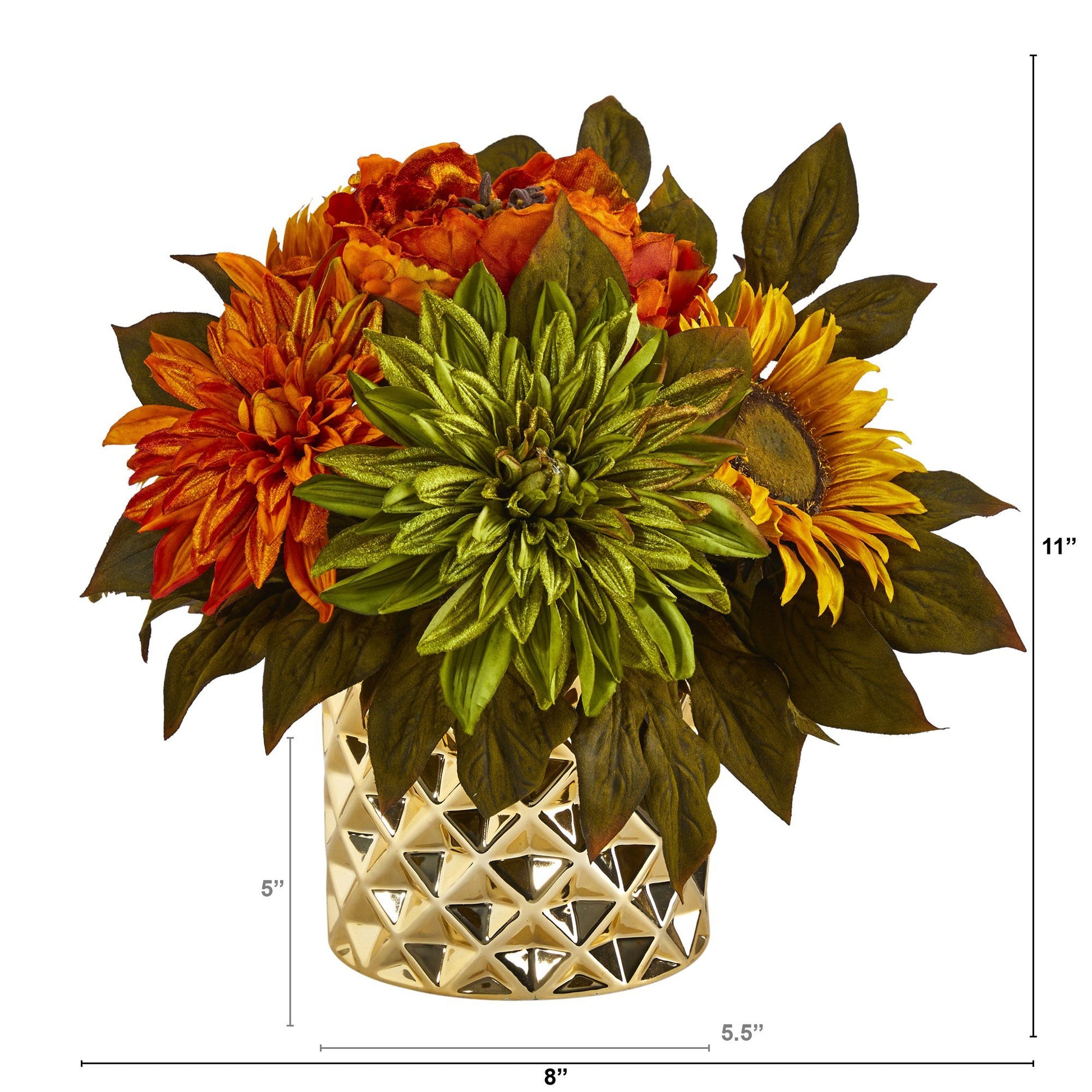 11in Peony, Dahlia & Sunflower artificial arrangement in gold vase with orange blooms on Tampa Home & Garden Store