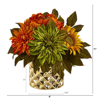 11in Peony, Dahlia & Sunflower artificial arrangement in gold vase with orange blooms on Tampa Home & Garden Store