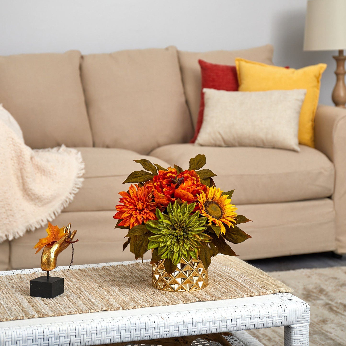 11in Peony, Dahlia & Sunflower artificial arrangement in gold vase by Nearly Natural on Tampa Home & Garden Store