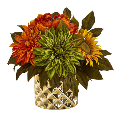 11” Peony, Dahlia & Sunflower artificial arrangement in gold vase by Nearly Natural on Tampa Home & Garden Store