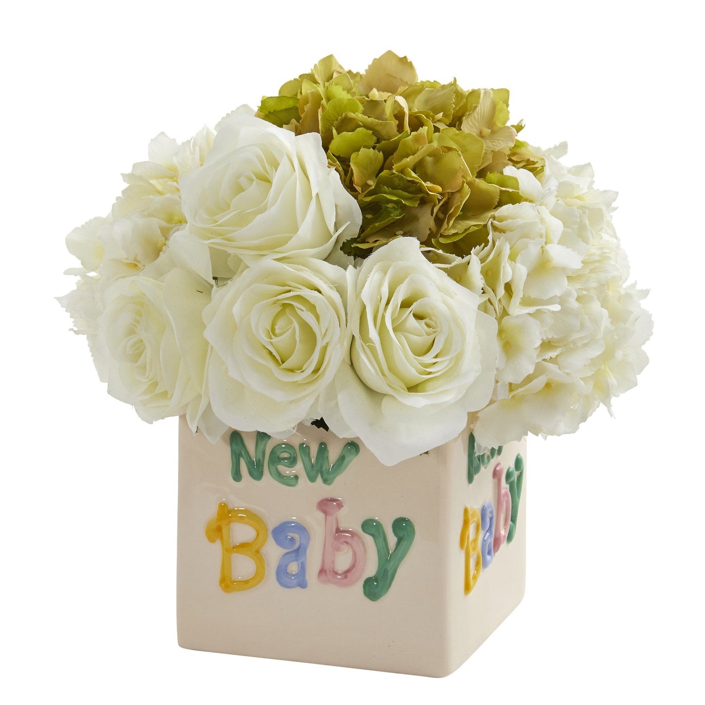Arreglo artificial de rosas y hortensias de 28 cm en jarrón "New Baby"