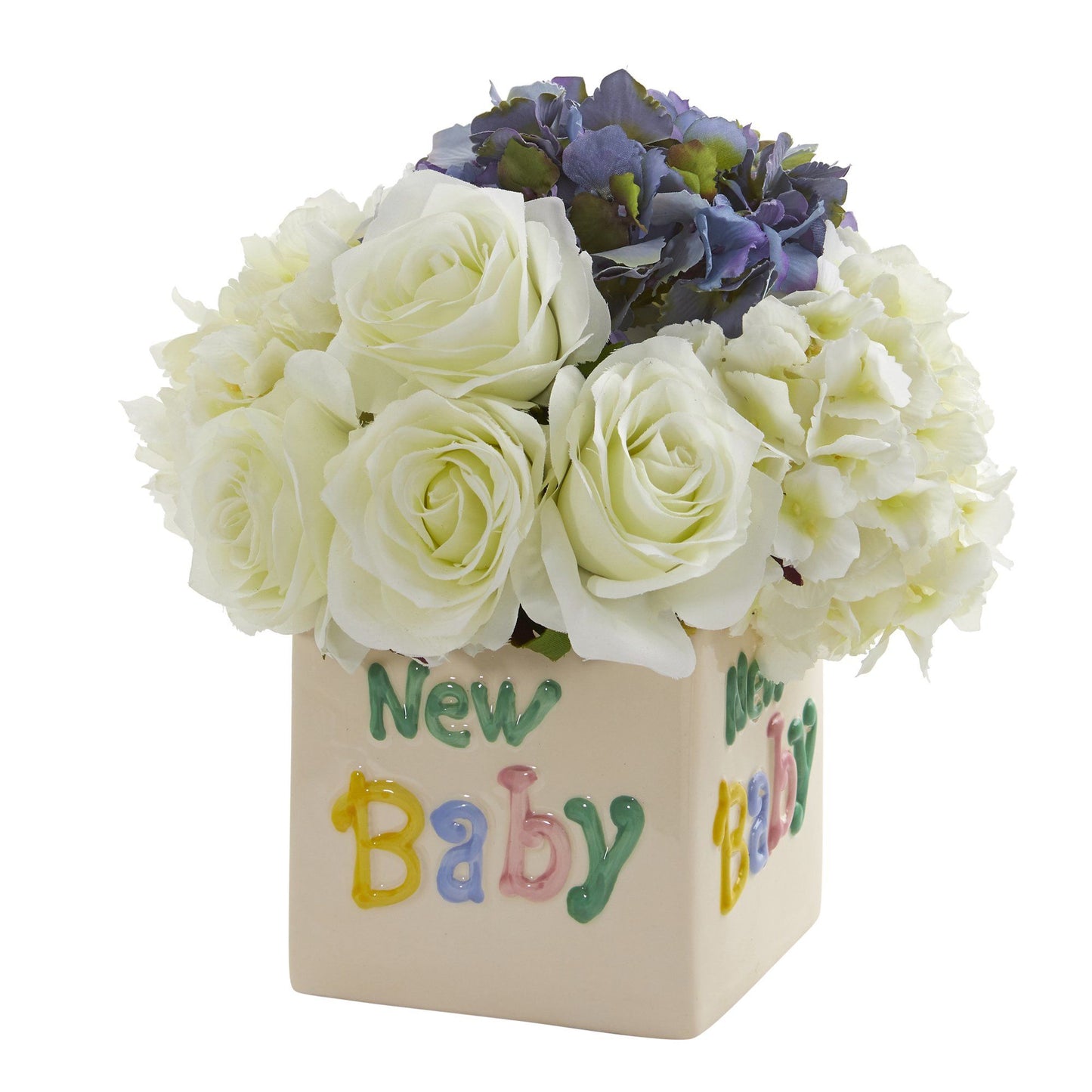 Arreglo artificial de rosas y hortensias de 28 cm en jarrón "New Baby"