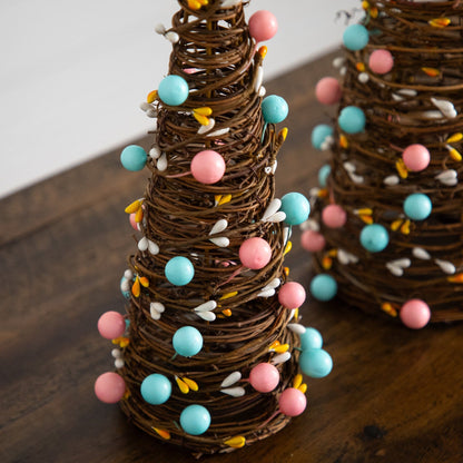 12in & 16in artificial Easter rattan cone trees set of 2 with pastel eggs on brown wicker on Tampa Home & Garden Store