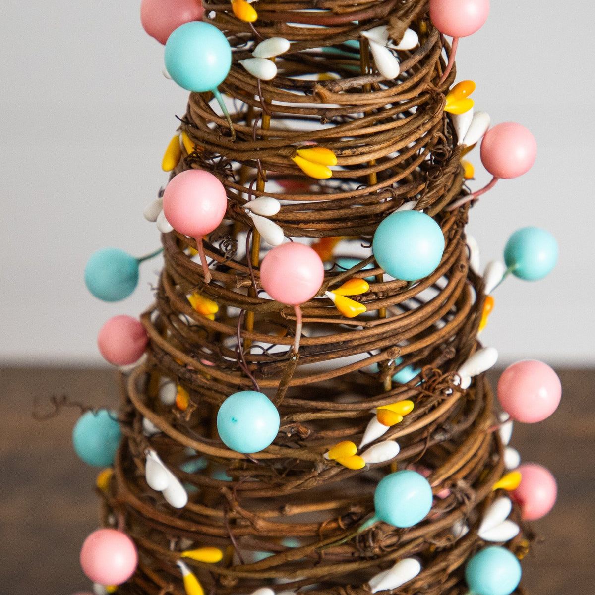 12in & 16in Easter rattan cone trees set of 2 by Nearly Natural with pastel pink and blue eggs on Tampa Home & Garden Store