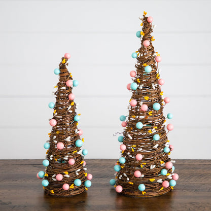 Nearly Natural 12in and 16in Easter rattan cone trees with pastel eggs, set of 2 on wood surface on Tampa Home & Garden Store