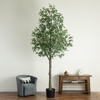 12’ artificial eucalyptus tree in a black pot with lush green leaves Nearly Natural indoor decor on Tampa Home & Garden Store