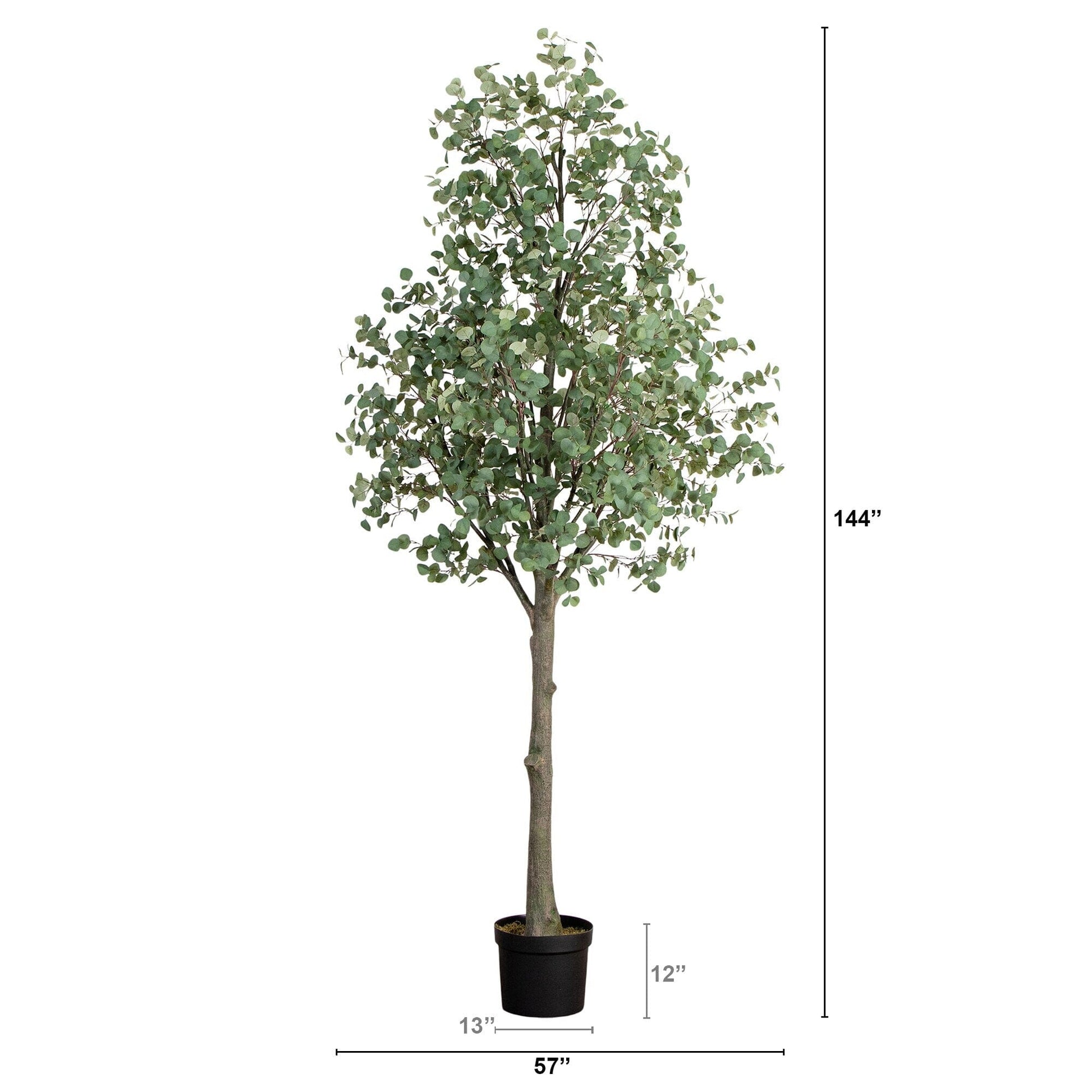 12’ Artificial Eucalyptus Tree by Nearly Natural in a black planter with green leaves on Tampa Home & Garden Store