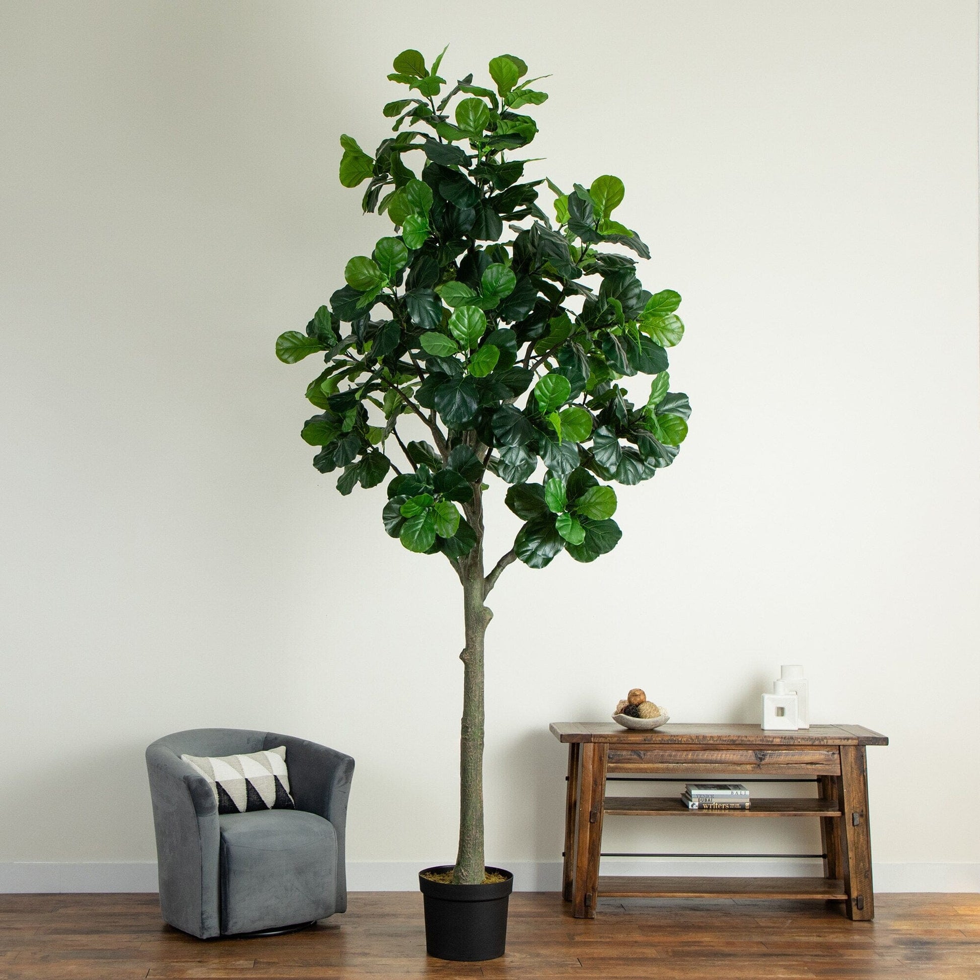 12’ artificial fiddle leaf tree by Nearly Natural with lush glossy green leaves on Tampa Home & Garden Store