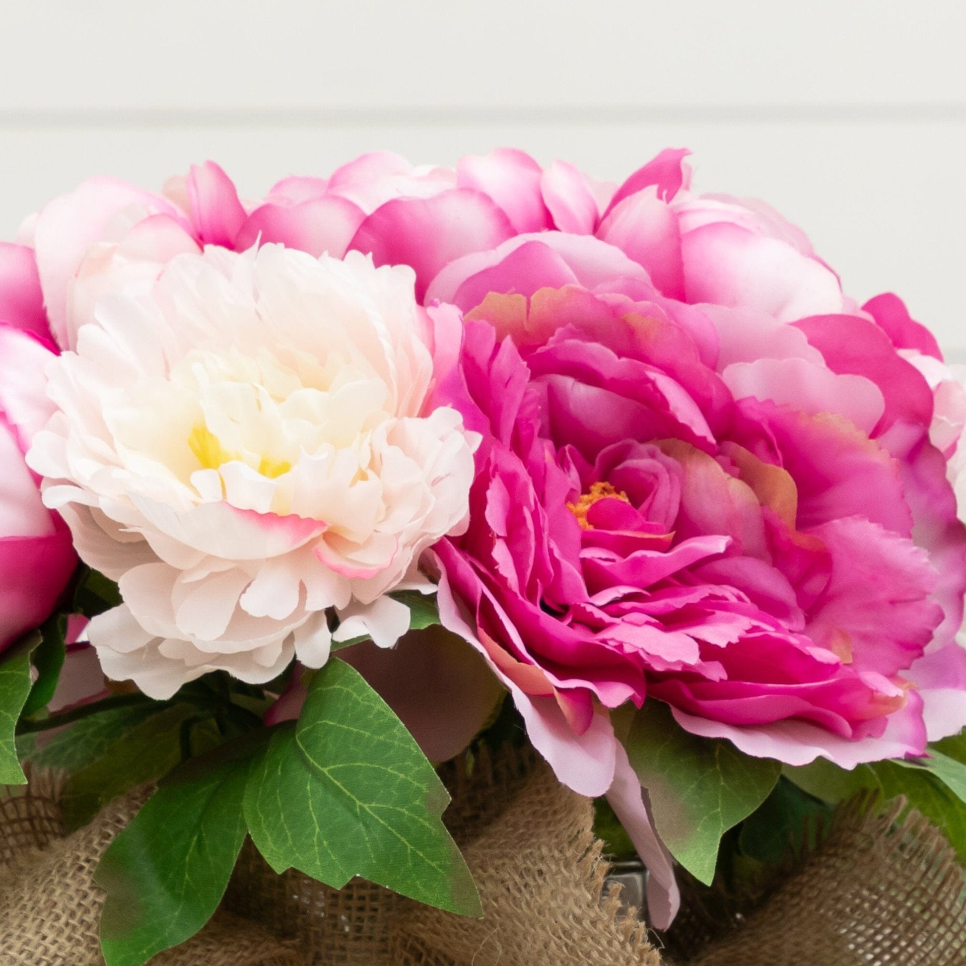 12” artificial peony arrangement in burlap vase with pink and white blooms, Nearly Natural on Tampa Home & Garden Store