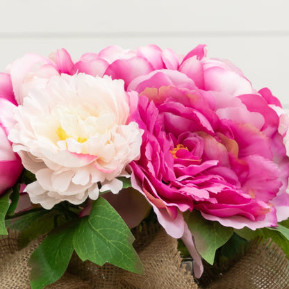 12” artificial peony arrangement in burlap vase with pink and white blooms, Nearly Natural on Tampa Home & Garden Store