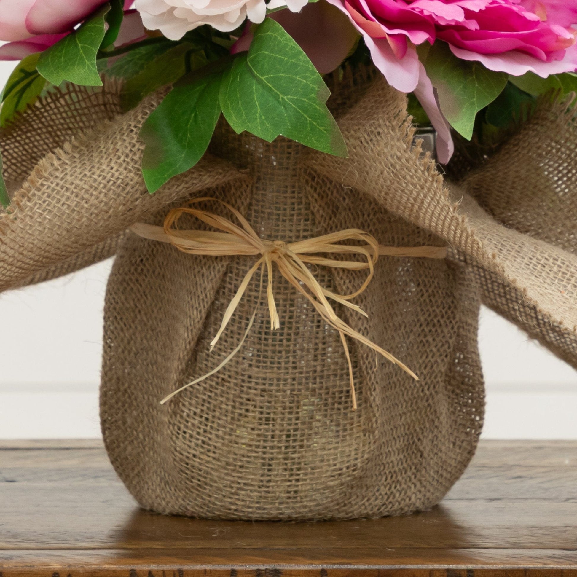 12-inch artificial peony arrangement in burlap vase with pink blooms, green leaves, Nearly Natural on Tampa Home & Garden Store