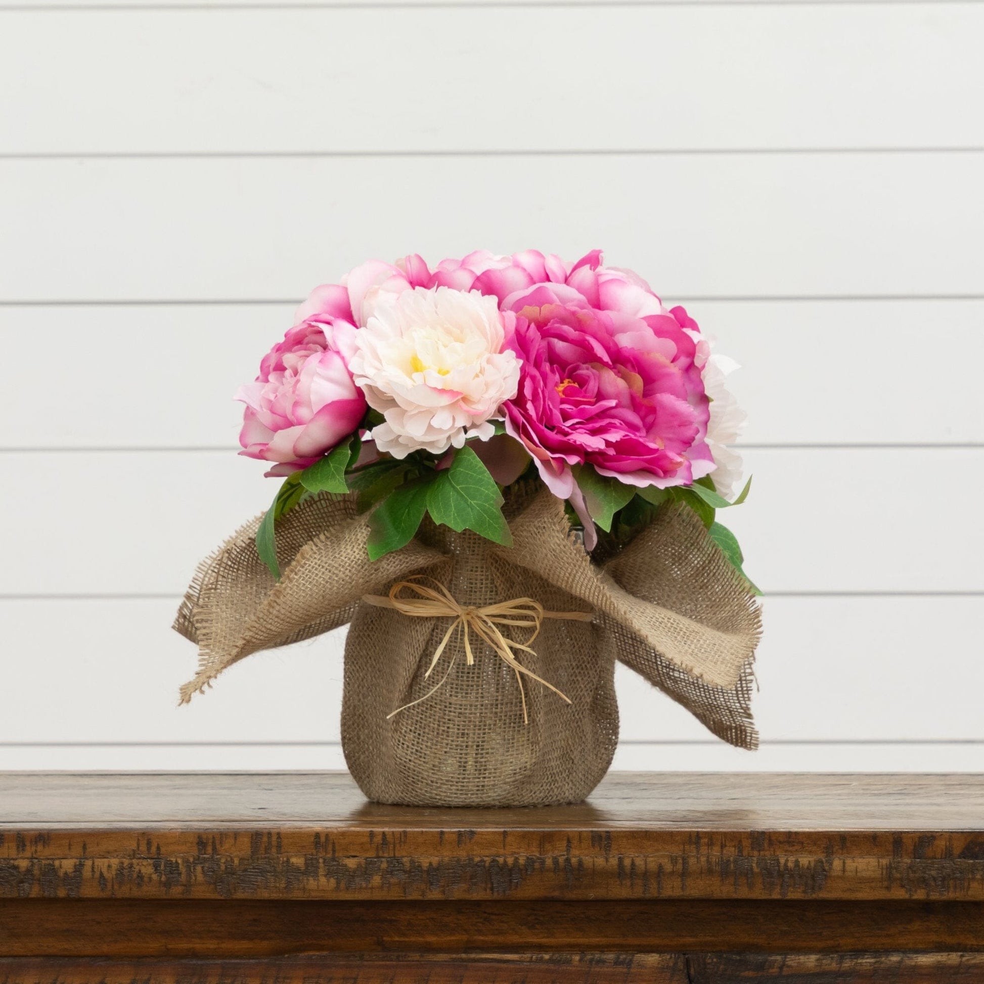 12in artificial peony bouquet in burlap vase with pink blooms and green leaves by Nearly Natural on Tampa Home & Garden Store