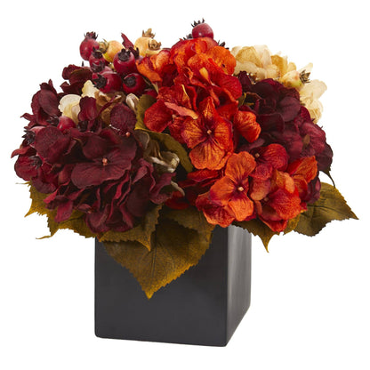 Nearly Natural 12in Autumn Hydrangea Berry artificial arrangement in a black vase on Tampa Home & Garden Store