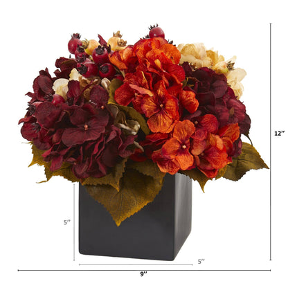 Autumn hydrangea berry arrangement in black vase, 12in tall by Nearly Natural on Tampa Home & Garden Store