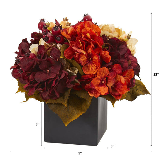 Autumn hydrangea berry arrangement in black vase, 12in tall by Nearly Natural on Tampa Home & Garden Store