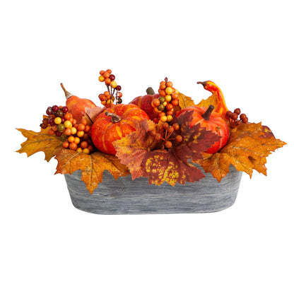 12-inch autumn pumpkin and berry arrangement with leaves in a washed gray vase on Tampa Home & Garden Store