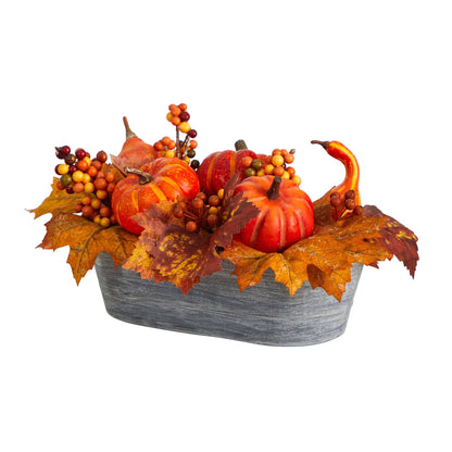 Fall pumpkin and berry arrangement in a washed gray vase by Nearly Natural on Tampa Home & Garden Store