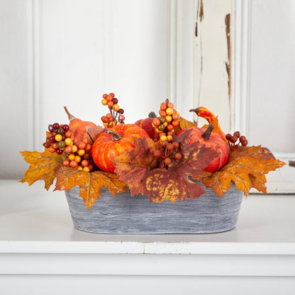 Arrangement Nearly Natural fall pumpkin and berries in a washed gray vase on Tampa Home & Garden Store