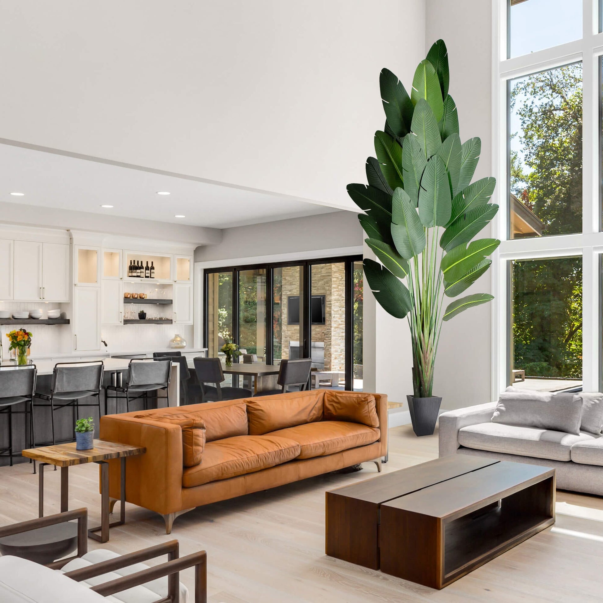 12' Artificial Traveler's Palm Tree by Nearly Natural in a bright, contemporary kitchen scene on Tampa Home & Garden Store