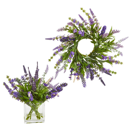Arreglo de lavanda de 30 cm y corona de lavanda de 35 cm (juego de 2)
