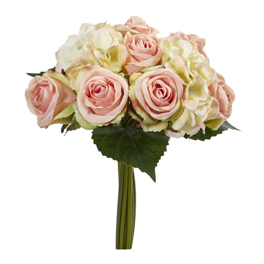 Rose and Hydrangea Bouquet Stem, 12in, Nearly Natural, pink roses with pale hydrangea blooms on Tampa Home & Garden Store
