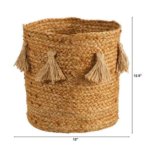 Cesta de yute natural tejida a mano con borlas, estilo bohemio chic, de 12,5"