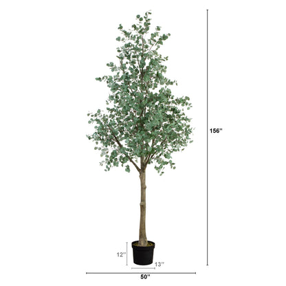 13 ft Artificial Eucalyptus Tree by Nearly Natural with green leaves in a black planter on Tampa Home & Garden Store