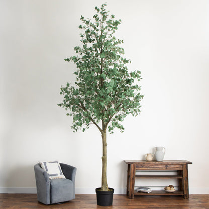 13’ Artificial Eucalyptus Tree by Nearly Natural in a black pot with dense green leaves on Tampa Home & Garden Store