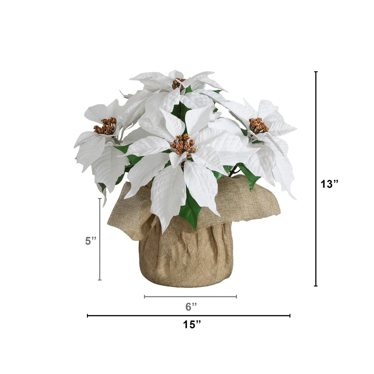 Artificial poinsettia arrangement in a burlap planter, white blooms, Nearly Natural, set of 2 on Tampa Home & Garden Store