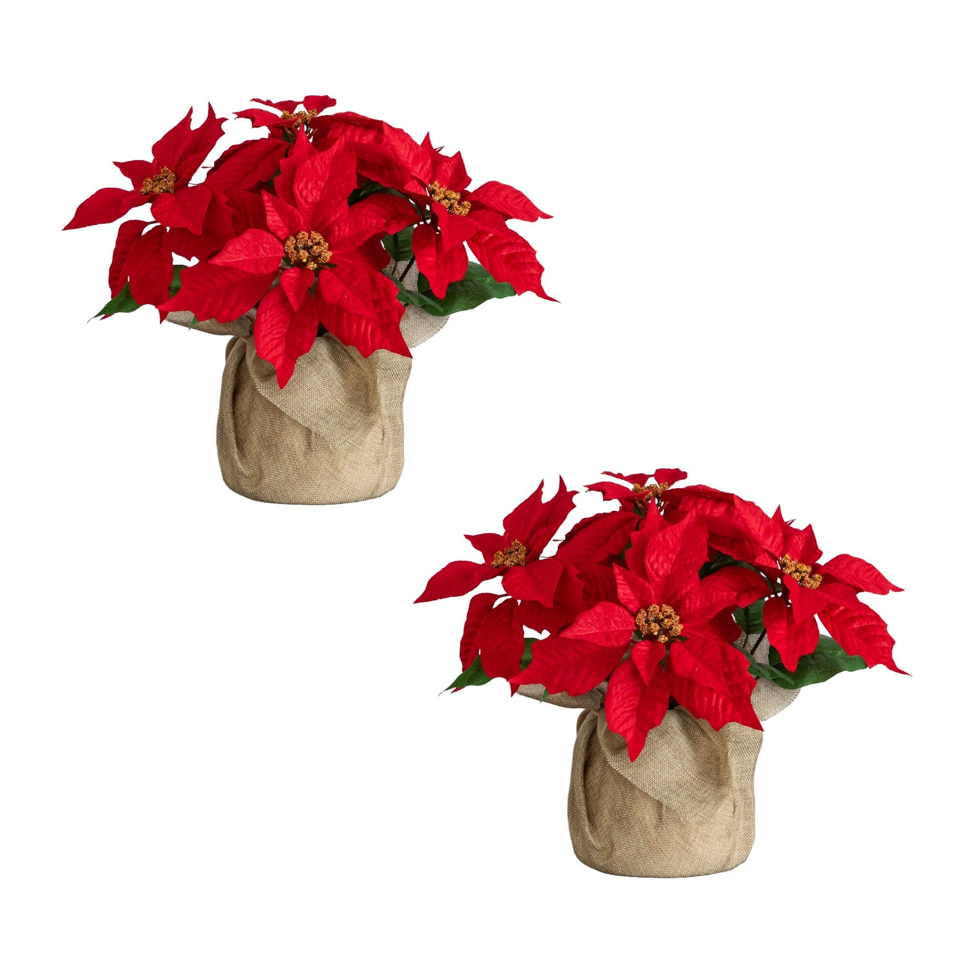 Artificial poinsettia arrangement in burlap planter, 13-inch, red, set of 2 on Tampa Home & Garden Store