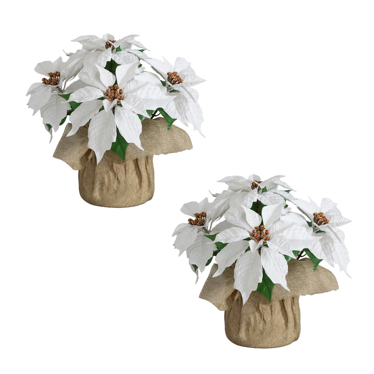 Nearly Natural 13in artificial poinsettia arrangement in burlap planter, white, set of 2 on Tampa Home & Garden Store