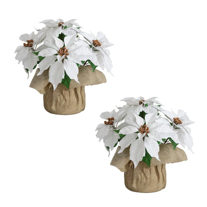 Nearly Natural 13in artificial poinsettia arrangement in burlap planter, white, set of 2 on Tampa Home & Garden Store