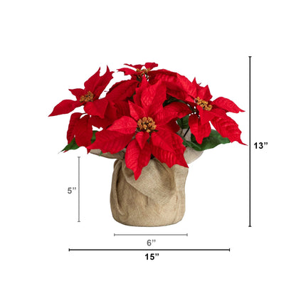 Artificial poinsettia arrangement in burlap planter, red blooms, set of 2 by Nearly Natural on Tampa Home & Garden Store