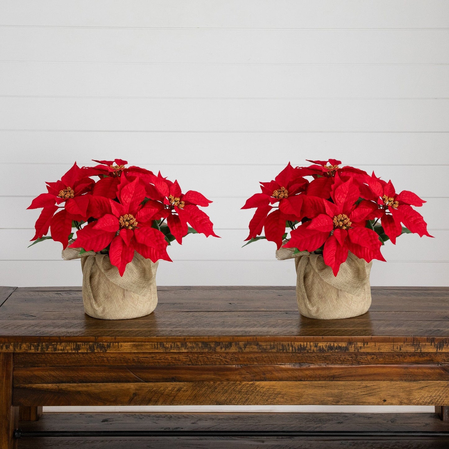 13in artificial poinsettia arrangement in burlap planter, set of 2, Nearly Natural on Tampa Home & Garden Store