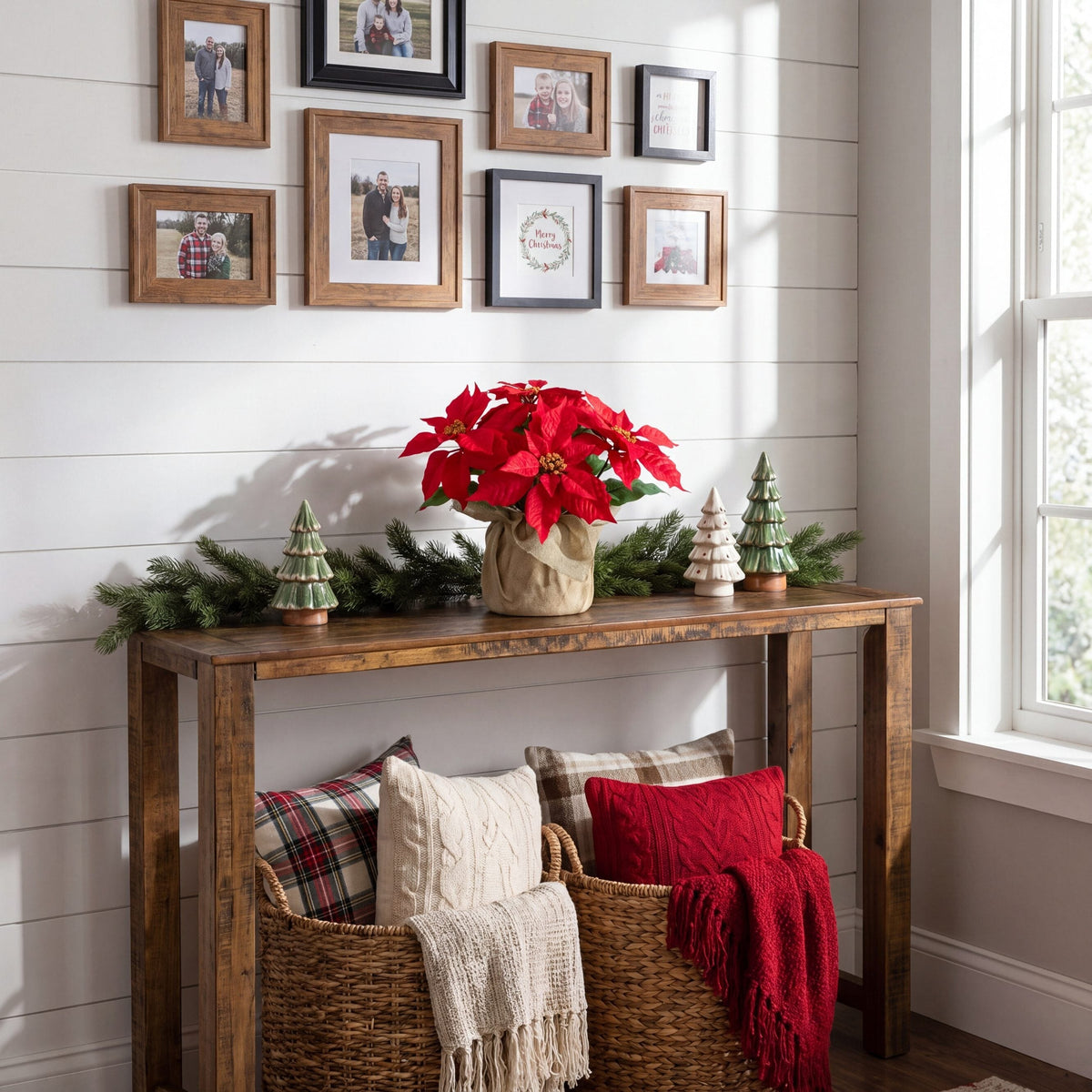 13-inch artificial poinsettia arrangement set of 2 in burlap planters by Nearly Natural on Tampa Home & Garden Store