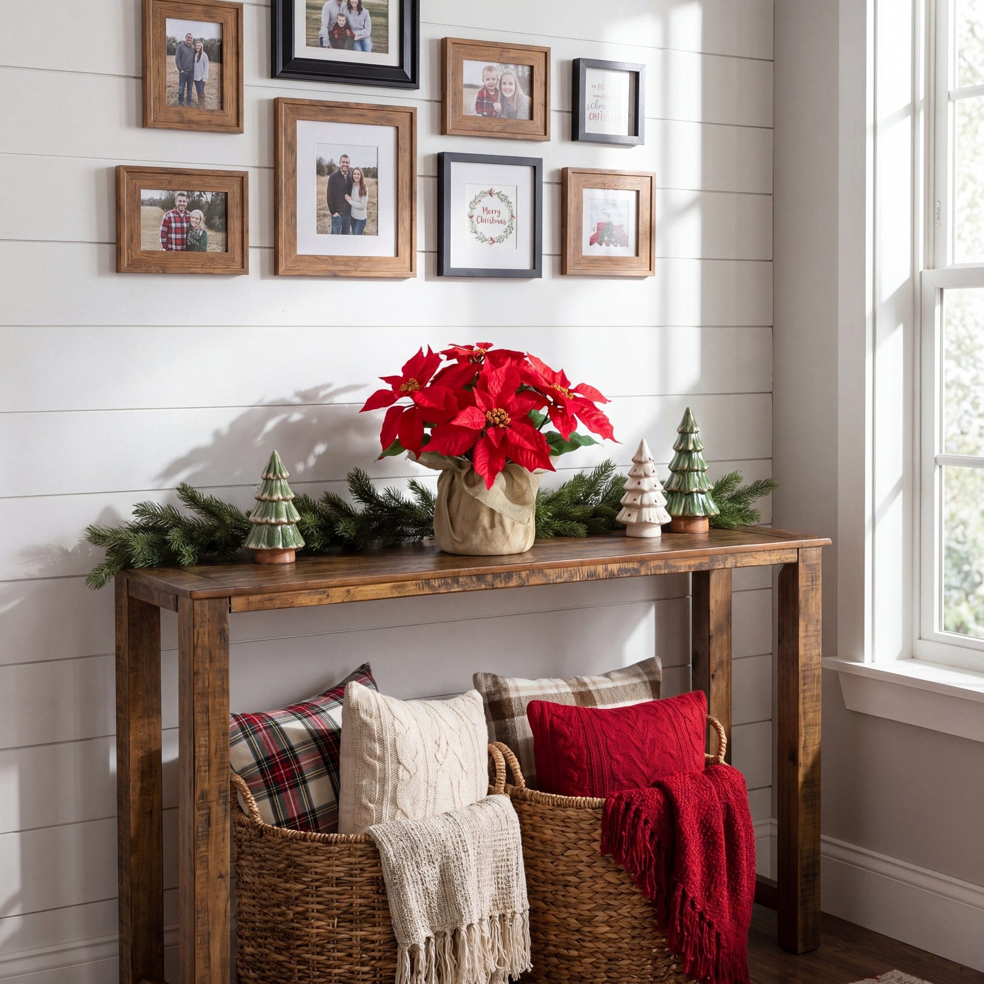 13-inch artificial poinsettia arrangement set of 2 in burlap planters by Nearly Natural on Tampa Home & Garden Store