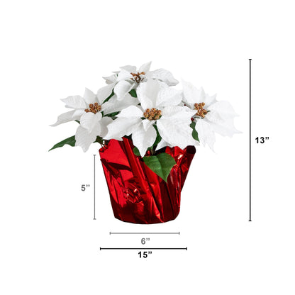 Artificial poinsettia plant in red wrapped planter, white blooms, set of 2 Nearly Natural on Tampa Home & Garden Store