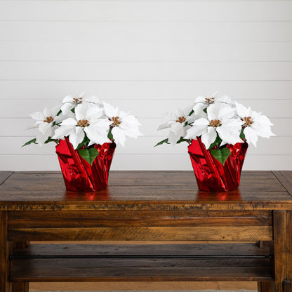 Poinsettia arrangement in red wrapped planter, white blooms, set of 2 by Nearly Natural on Tampa Home & Garden Store