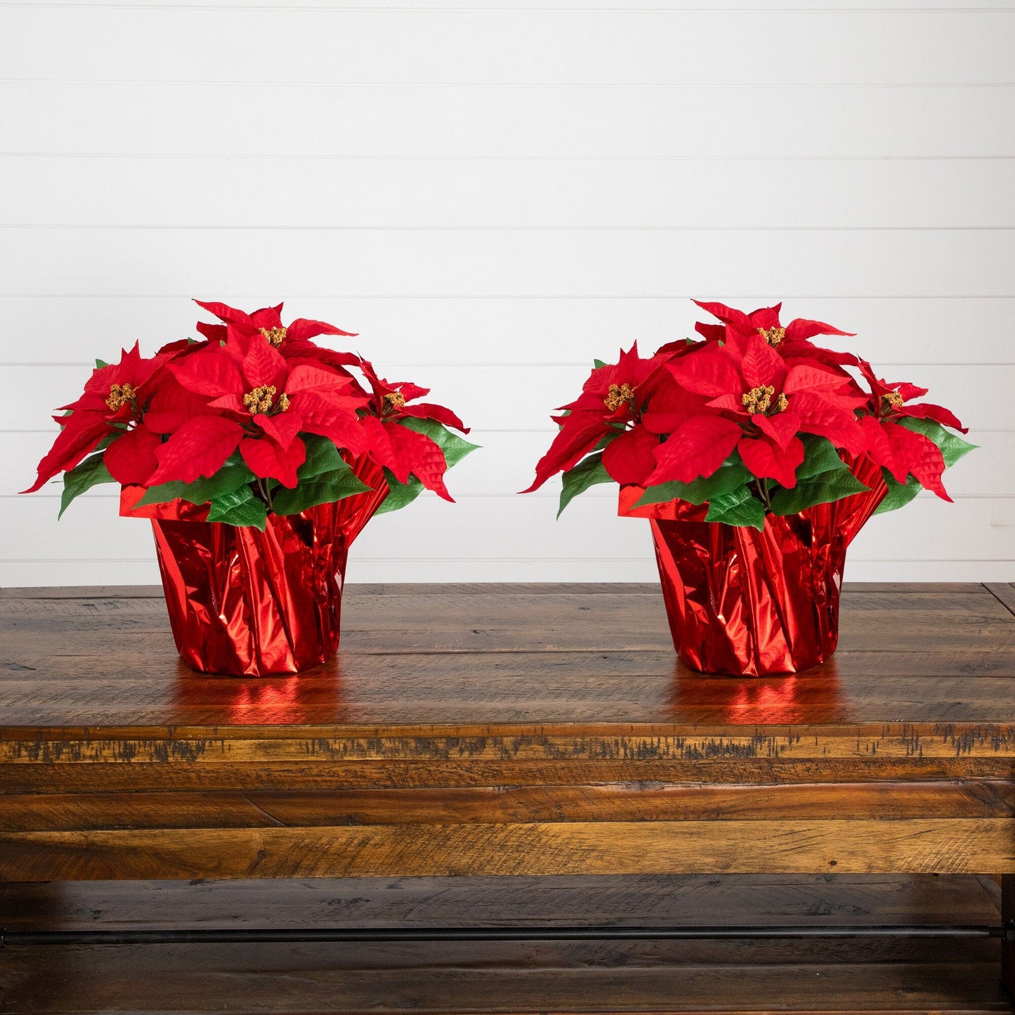 Artificial poinsettia arrangement in red wrapped planter, 13in, Nearly Natural, set of 2 on Tampa Home & Garden Store