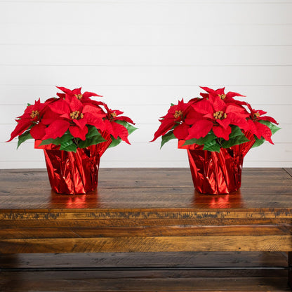 Artificial poinsettia arrangement in red wrapped planter, 13in, Nearly Natural, set of 2 on Tampa Home & Garden Store